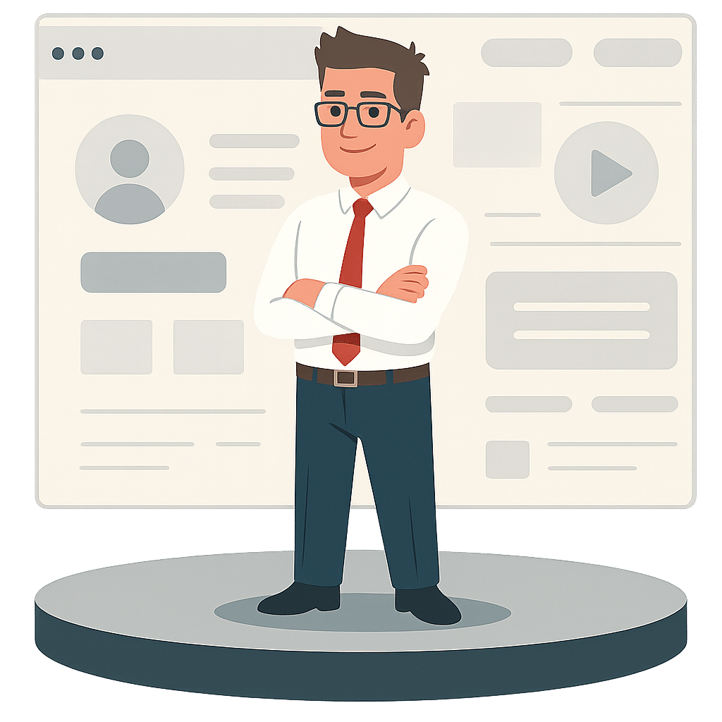 Illustration eines jungen Mannes mit Brille, weißem Hemd und roter Krawatte, der selbstbewusst mit verschränkten Armen auf einer virtuellen Bühne steht – im Hintergrund eine symbolische Website.