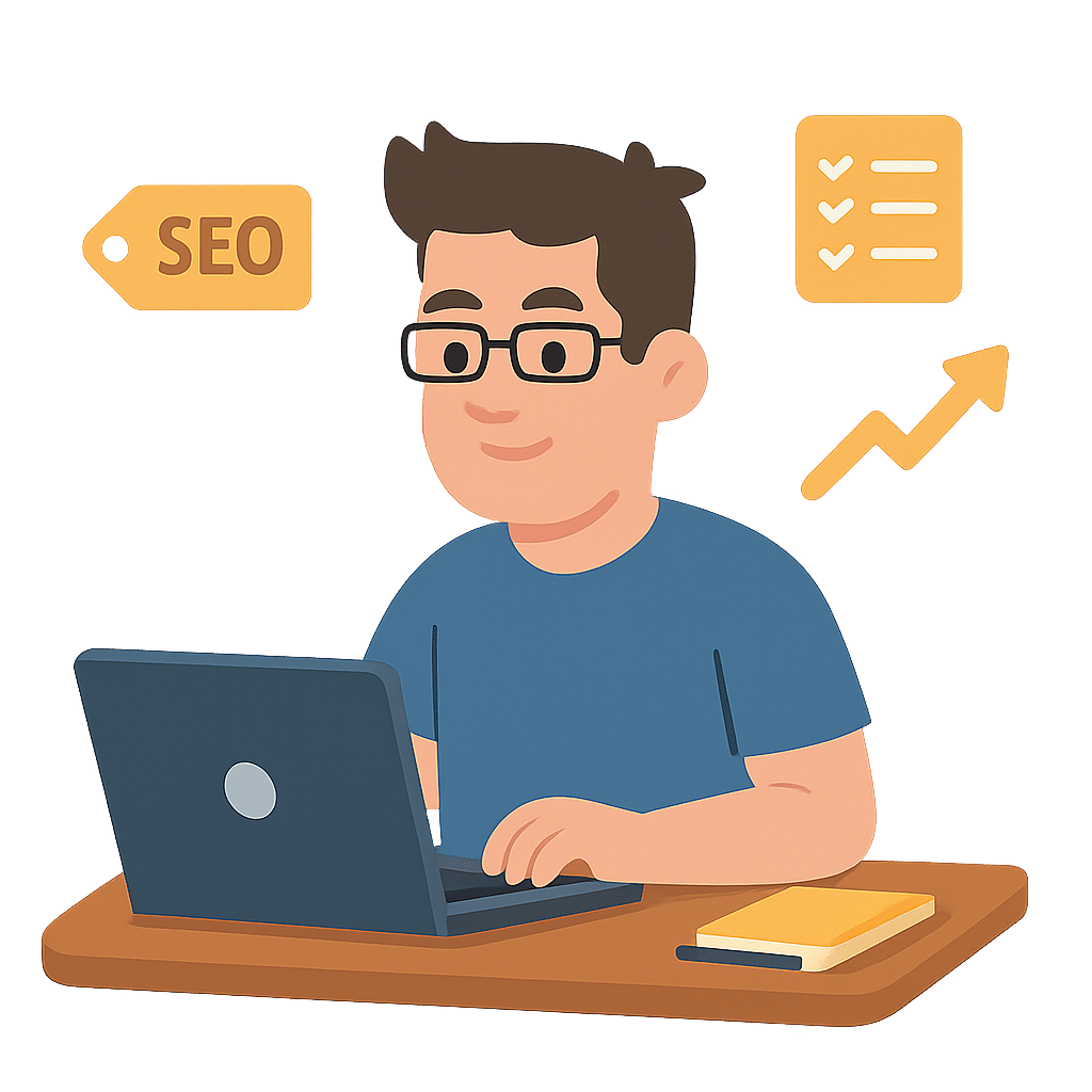 „Illustration eines jungen Mannes am Laptop mit SEO-Symbolen, Checkliste und wachsendem Diagramm.“